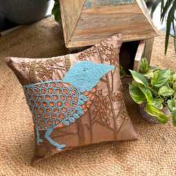 Birds Pattern Sequins & Beads Brown Art Silk Pillow Sham, 24x24/26x26, Contemporary Style Euro Square Pillowcase - Birdy Paradise - thumbnail 1