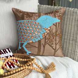 Birds Pattern Sequins & Beads Brown Art Silk Pillow Sham, 24x24/26x26, Contemporary Style Euro Square Pillowcase - Birdy Paradise - thumbnail 3
