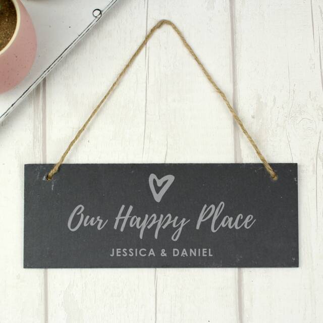 Personalised Our Happy Place Hanging Slate Plaque - New Home Gift Couple Anniversary Valentines Personalised - image 1