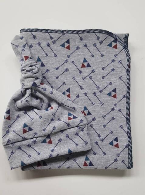 Newborn Take Home Set. Swaddle Blanket & Hat Arrows Baby Shower Gift. Photo Prop. Gray & Navy - image 1