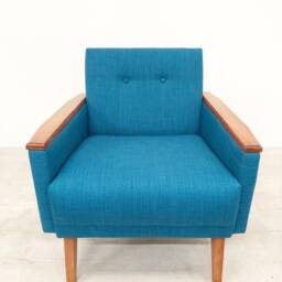 New Matching Pair Of Danish Mid Century 50S 60S Inspired Low Back Cocktail Vintage Lounge Chairs in Teal Faux Linen With Teak Finish - thumbnail 4