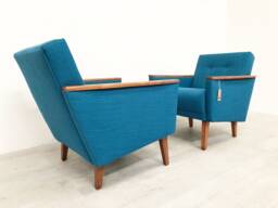 New Matching Pair Of Danish Mid Century 50S 60S Inspired Low Back Cocktail Vintage Lounge Chairs in Teal Faux Linen With Teak Finish
