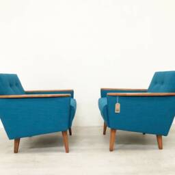 New Matching Pair Of Danish Mid Century 50S 60S Inspired Low Back Cocktail Vintage Lounge Chairs in Teal Faux Linen With Teak Finish - thumbnail 3