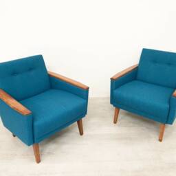 New Matching Pair Of Danish Mid Century 50S 60S Inspired Low Back Cocktail Vintage Lounge Chairs in Teal Faux Linen With Teak Finish - thumbnail 2