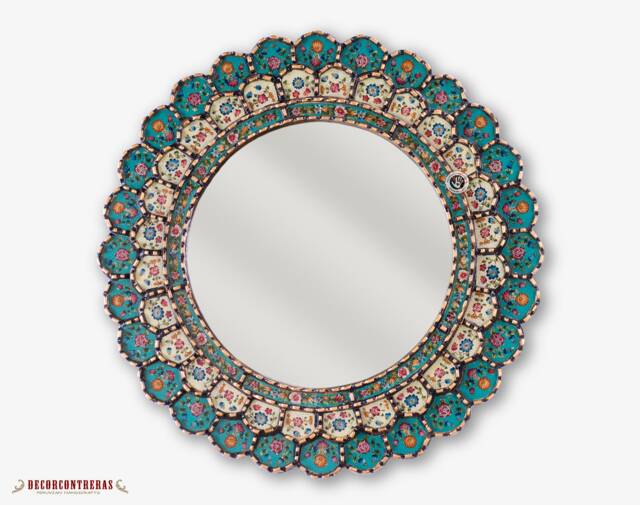 Hand Painted Mirror 23.6In - Round Gold Framed Peruvian Colonial Bathroom Vanity Turquoise Floral Antique Wall Decor - image 1