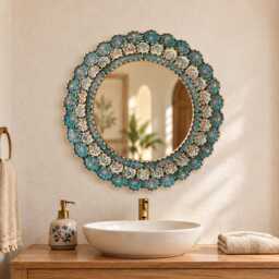 Hand Painted Mirror 23.6In - Round Gold Framed Peruvian Colonial Bathroom Vanity Turquoise Floral Antique Wall Decor - thumbnail 2
