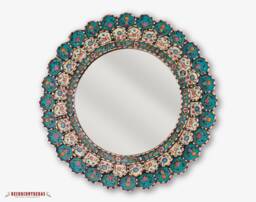 Hand Painted Mirror 23.6In - Round Gold Framed Peruvian Colonial Bathroom Vanity Turquoise Floral Antique Wall Decor