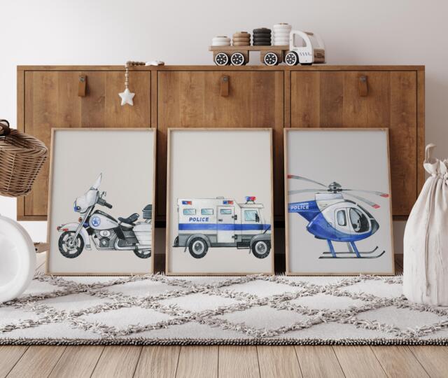 Police Vehicle Nursery Art Prints, Motorcycle, Truck, Helicopter, Unframed - image 1
