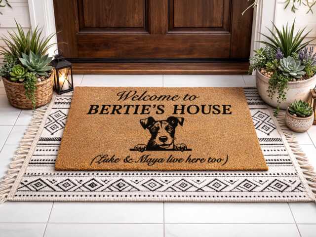 Custom Name Anniversary Mat - Bertie's House Sign Elegant Scripted Dog Welcome Rug - image 1