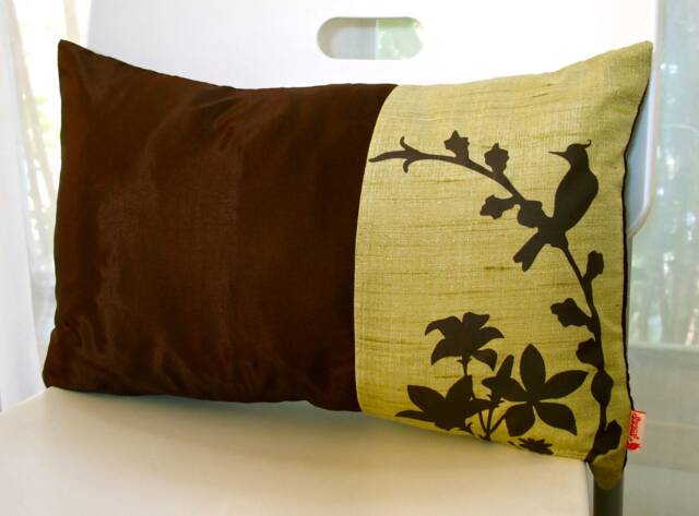 Cardinal Throw Pillow Mustard Gold Faux Linen, Dark Brown Silk - 12x18 Inch - image 1