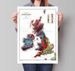 British Islands Geology Elevation Map - 2D Relief Print With 3D Illusion Professionally Restored Poster Of United Kingdom & Ireland - thumbnail 1