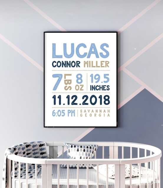Custom Baby Birth Stats Sign - Navy Nursery Name Wall Art - image 1