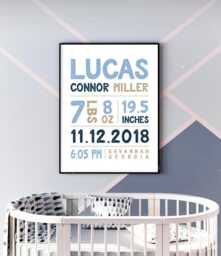 Custom Baby Birth Stats Sign - Navy Nursery Name Wall Art - thumbnail 1