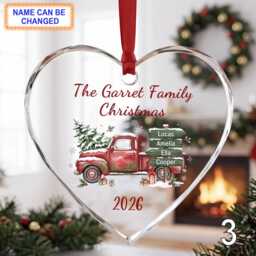 Personalized Christmas Glass Ornament, Custom Holiday Keepsake With Red Vintage Pickup Truck, Pine Branches, Snowy Scene & Year - thumbnail 3