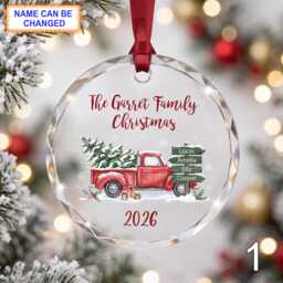Personalized Christmas Glass Ornament, Custom Holiday Keepsake With Red Vintage Pickup Truck, Pine Branches, Snowy Scene & Year - thumbnail 1