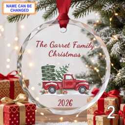 Personalized Christmas Glass Ornament, Custom Holiday Keepsake With Red Vintage Pickup Truck, Pine Branches, Snowy Scene & Year - thumbnail 2