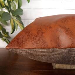 Terra-Cotta Faux Leather Pillow Cover Brown Linen Back - thumbnail 2