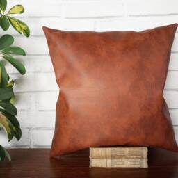 Terra-Cotta Faux Leather Pillow Cover Brown Linen Back - thumbnail 3