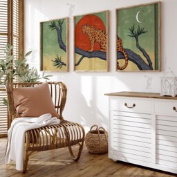 Leopard Wall Art Set Of 3 - Safari Animal Print in Green & Terracotta Jungle Wildlife Artwork Modern Boho Decor - thumbnail 2
