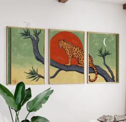Leopard Wall Art Set Of 3 - Safari Animal Print in Green & Terracotta Jungle Wildlife Artwork Modern Boho Decor - thumbnail 1