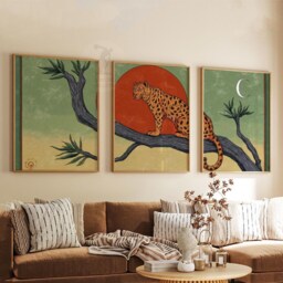 Leopard Wall Art Set Of 3 - Safari Animal Print in Green & Terracotta Jungle Wildlife Artwork Modern Boho Decor - thumbnail 3