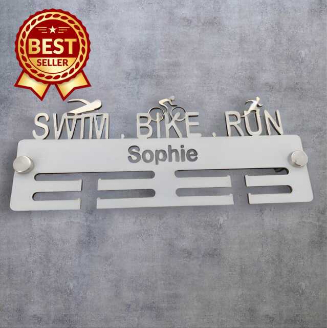 Swim, Bike, Run Medal Hanger - Custom Name & Colour - image 1