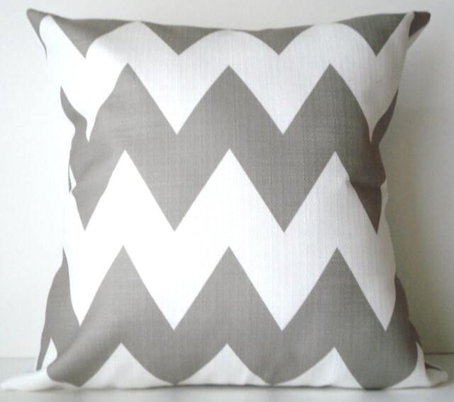 New 18x18 Inch Designer Handmade Pillow Case in Warm Grey & White Chevron