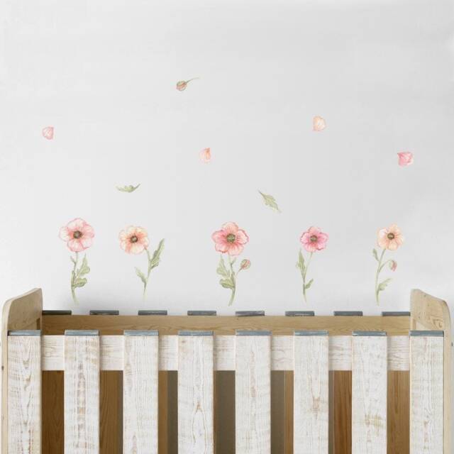High Quality Fabric Wall Decal, Pink Poppies, Nursery Wall Decal, Watercolor Flowers Nursery Sticker, Floral Stickers - image 1