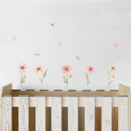 High Quality Fabric Wall Decal, Pink Poppies, Nursery Wall Decal, Watercolor Flowers Nursery Sticker, Floral Stickers - thumbnail 1