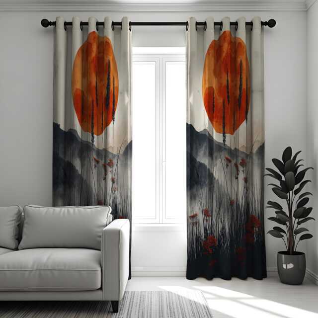 Mountain Sunset Curtains, Boho Red Sun Landscape Drapes, Nature Inspired Window Panels, Japandi Style Modern Home Decor - image 1