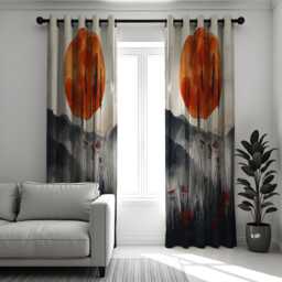 Mountain Sunset Curtains, Boho Red Sun Landscape Drapes, Nature Inspired Window Panels, Japandi Style Modern Home Decor