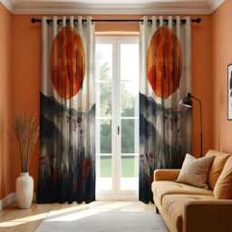 Mountain Sunset Curtains, Boho Red Sun Landscape Drapes, Nature Inspired Window Panels, Japandi Style Modern Home Decor - thumbnail 2