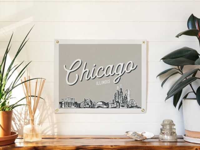Chicago, Illinois Felt Poster Banner - Windy City Skyline Wall Art Print Sign. Vintage City Line Drawing Pennant Home Decor. Handmade Gift - image 1