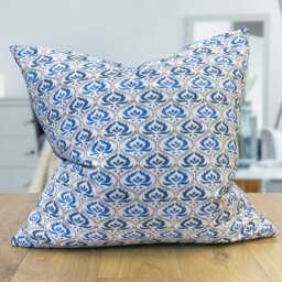 Tamil Batik Extra-Large Cushion. Indigo Blue Indonesian Inspired Geometric Floral Emblem Design. Eco-Friendly Cotton & Velvet, 23X23 - thumbnail 1