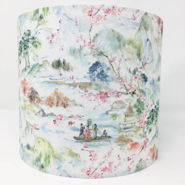 Oriental Style Lampshade, Japanese Chinese Asian Style, Pastel Green & Pink On White Background - image 1