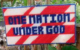 One Nation Under God Needlepoint Sign Wall Hanging Blue Letters On Red/White, Red/White & Stripes To Usa