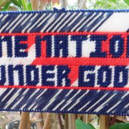 One Nation Under God Needlepoint Sign Wall Hanging Blue Letters On Red/White, Red/White & Stripes To Usa - thumbnail 2