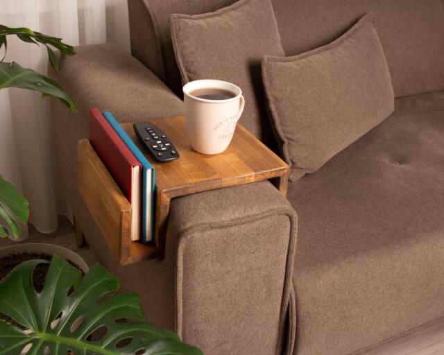Functional Wood Armrest Table, Couch Arm Rest Table With Magazine Stand, Simply Sofa Tray Custom Gift For Dad - image 1