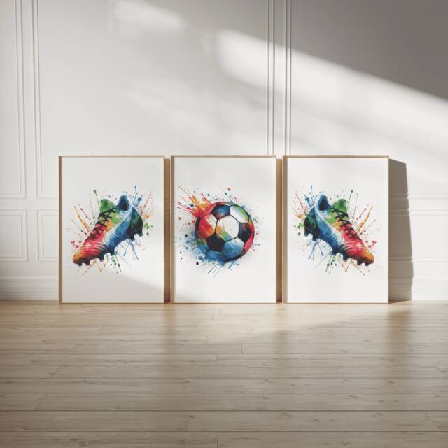 Colourful Football Prints - Set Of 3 Posters - Boys Bedroom Decor Kids Room Wall Art Soccer Artwork Footballer Gifts Teen Print - image 1