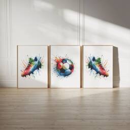 Colourful Football Prints - Set Of 3 Posters - Boys Bedroom Decor Kids Room Wall Art Soccer Artwork Footballer Gifts Teen Print - thumbnail 1