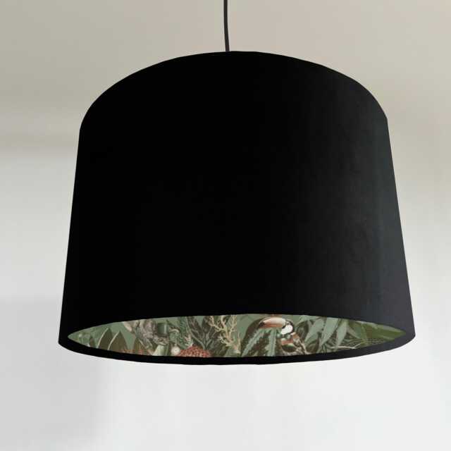 Black Velvet Wonderland Drum Lampshade, Double Sided Lampshade With Sage Paper On Interior, Ceiling Light Shade - image 1