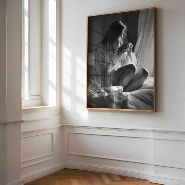 Woman Drinking Coffee in Bed, Black & White Wall Art Print, Home Decor, Bedroom Unframed, Lover, Moody Art, Poster - image 1