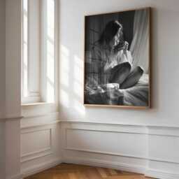Woman Drinking Coffee in Bed, Black & White Wall Art Print, Home Decor, Bedroom Unframed, Lover, Moody Art, Poster - thumbnail 1
