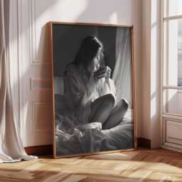 Woman Drinking Coffee in Bed, Black & White Wall Art Print, Home Decor, Bedroom Unframed, Lover, Moody Art, Poster - thumbnail 3
