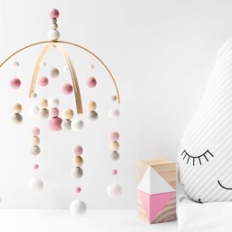 Pink & Grey Baby Mobile - Girl Felt Pom Crib Minimalist Wool Ball Nursery Cot Wooden Arch Ceiling Decor - thumbnail 2