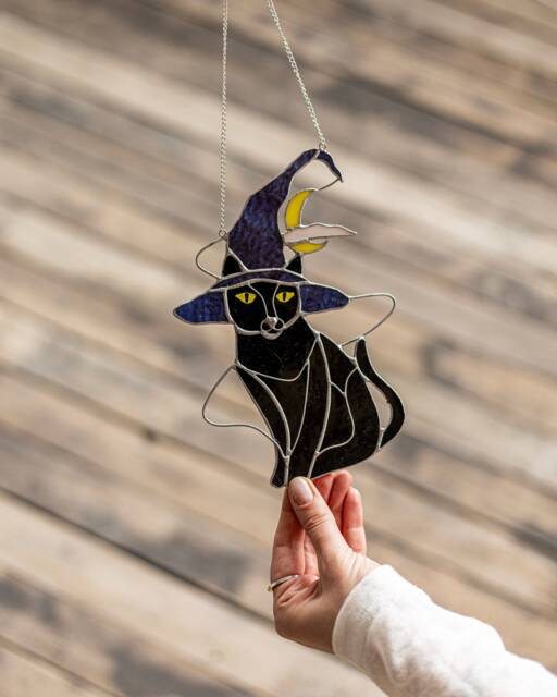 Halloween Stained Glass Mystical Cat Witch Hat Suncather. Black Decor, Wall Sun Catcher Moon - image 1