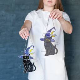 Halloween Stained Glass Mystical Cat Witch Hat Suncather. Black Decor, Wall Sun Catcher Moon - thumbnail 3