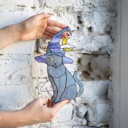 Halloween Stained Glass Mystical Cat Witch Hat Suncather. Black Decor, Wall Sun Catcher Moon - thumbnail 2
