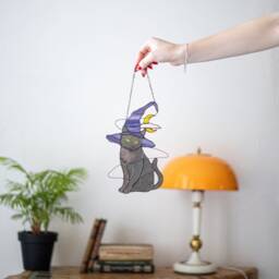Halloween Stained Glass Mystical Cat Witch Hat Suncather. Black Decor, Wall Sun Catcher Moon - thumbnail 4