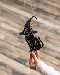 Halloween Stained Glass Mystical Cat Witch Hat Suncather. Black Decor, Wall Sun Catcher Moon